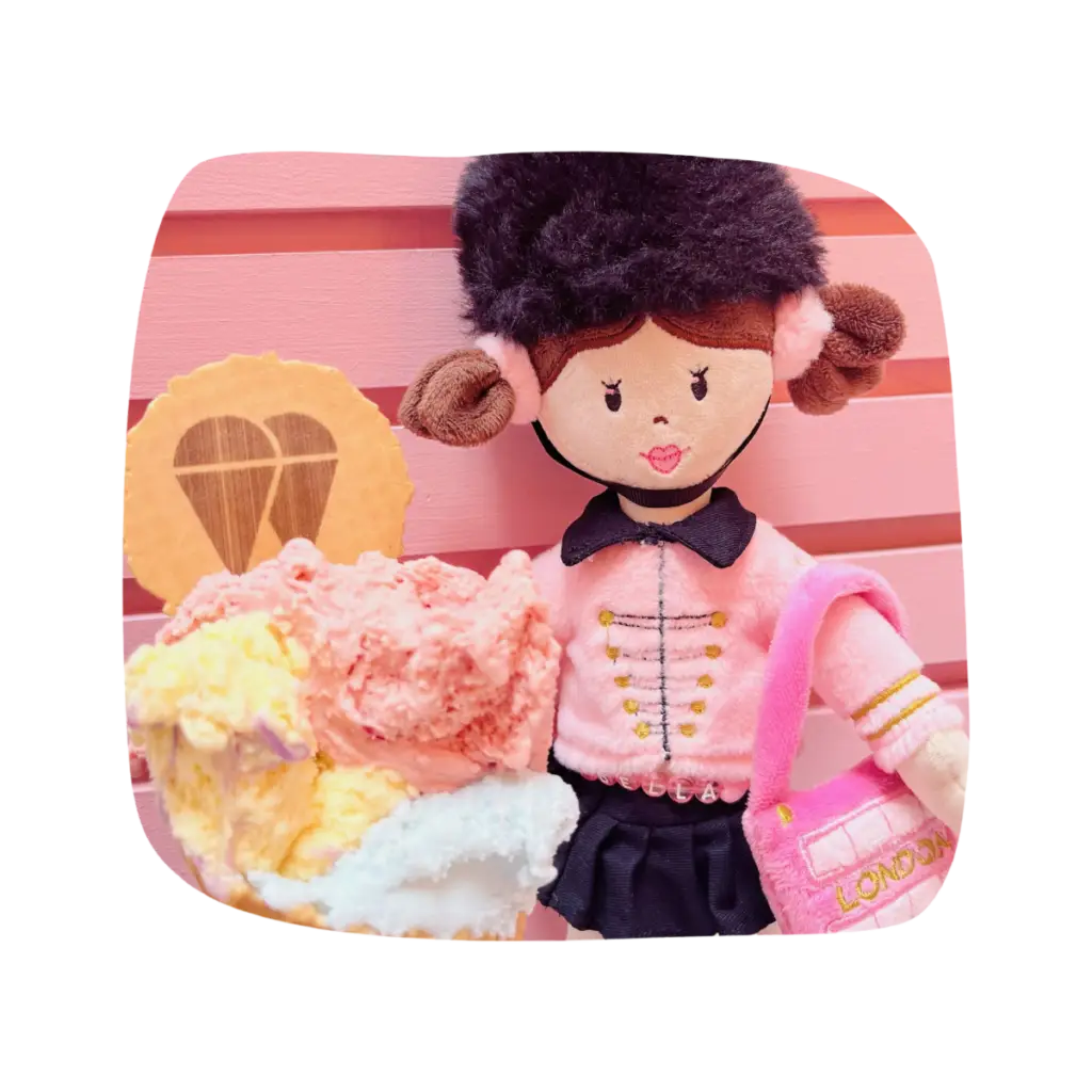 Arabella Bear doll out in London with an ice cream